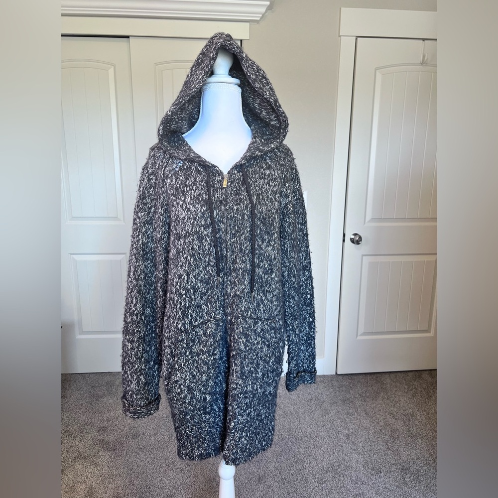Joan Vass Hooded Pockets Zip Up Sweater Jacket Sz S/M 13% Wool